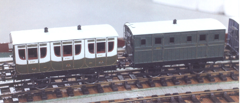 Photo of Model Brown, Marshalls & Co. coaches. Three-compartment First and matching Third